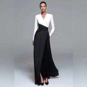 Elegant Black and White V-Neck Formal Dress